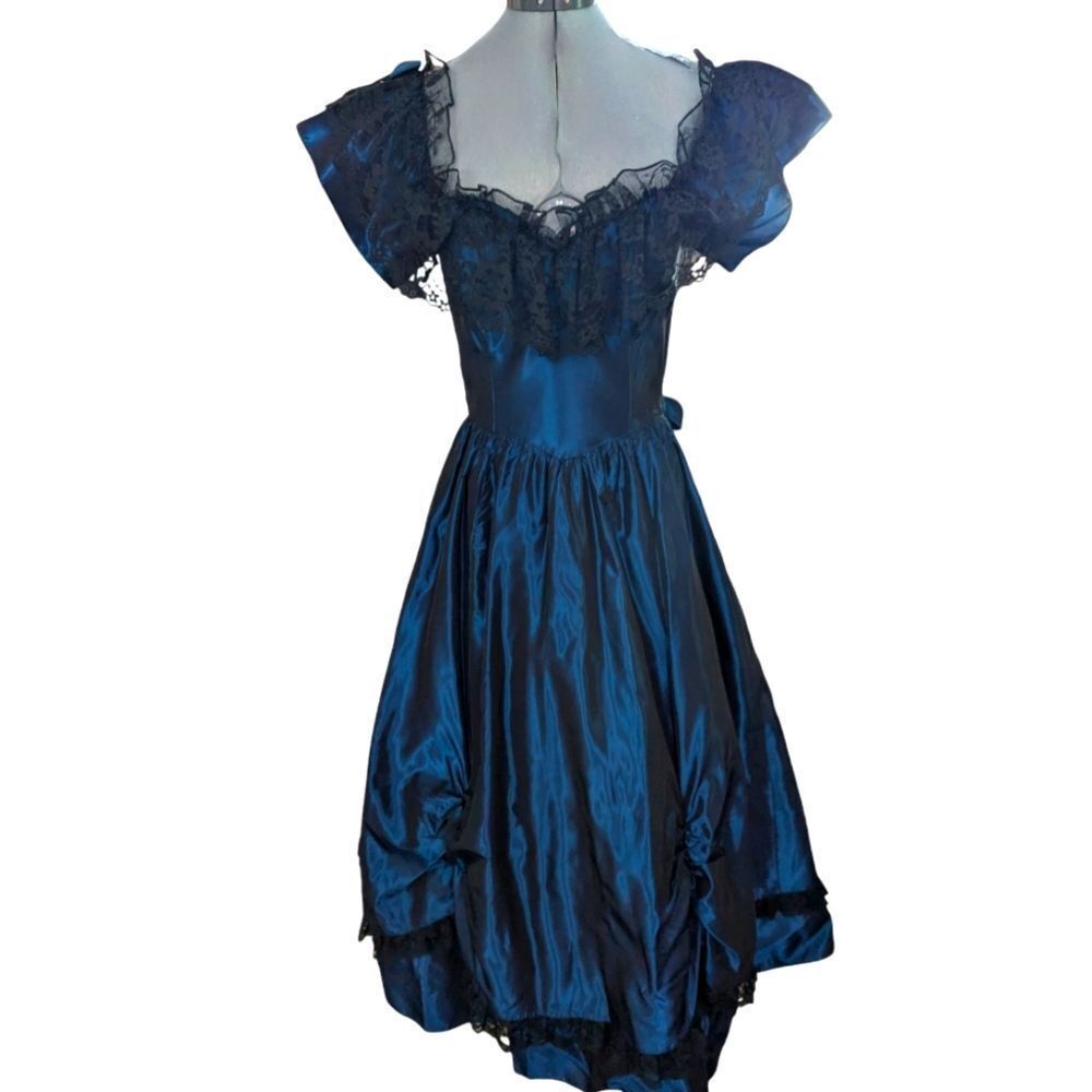 Gunne Sax vintage blue iridescent & black lace corset dress sz 7‎ goth